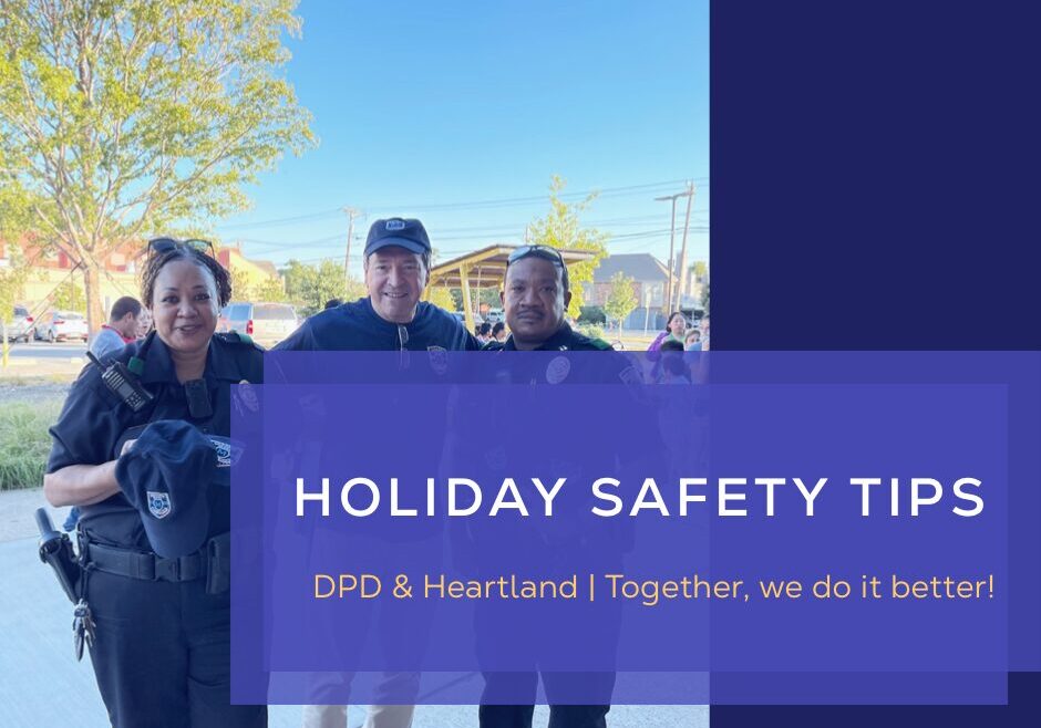 Three people in varying degrees of patrol uniforms and a graphic text about Holiday Safety Tips