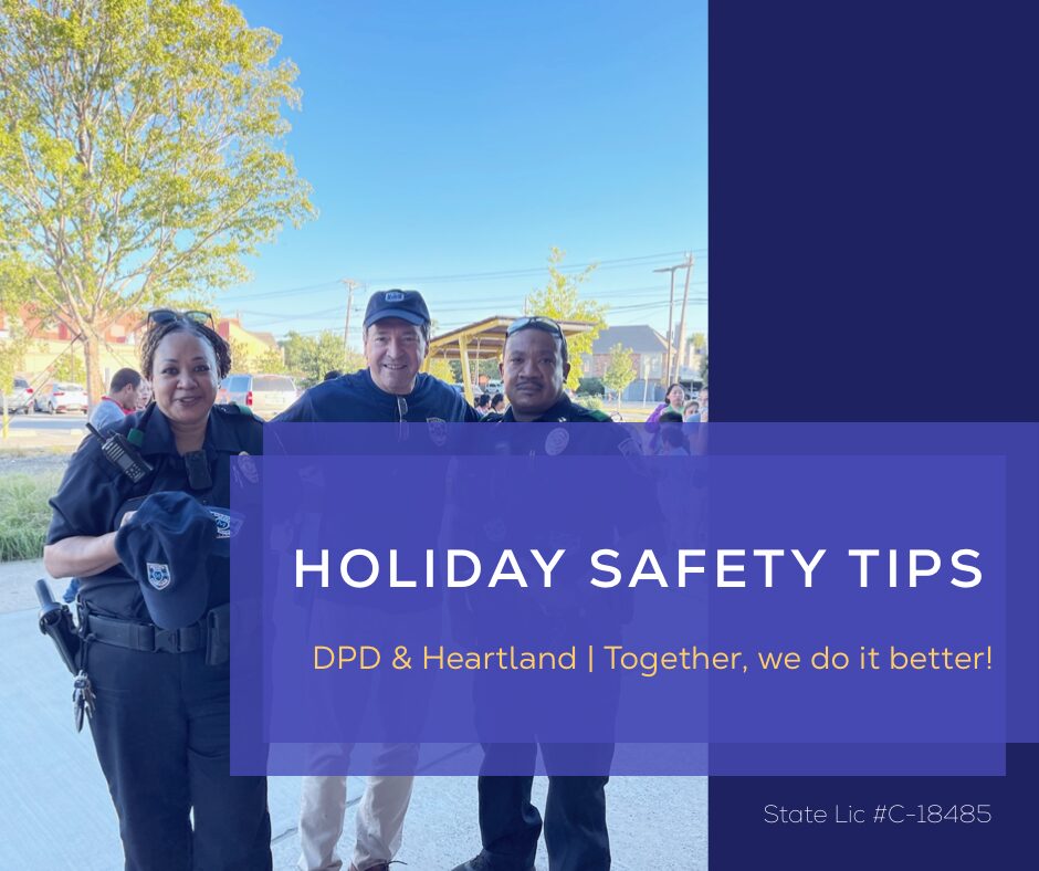 Three people in varying degrees of patrol uniforms and a graphic text about Holiday Safety Tips